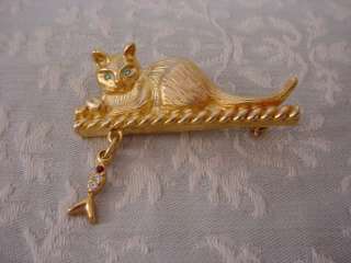 Bright Gold Tone Cat Pin Brooch with Fish Dangle & Rhinestones 