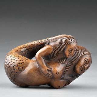 Japanese Carving Sculpture Mermaid & Baby Boxwood Wood Netsuke 
