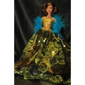 Elegant Green and Gold Ball Gown, Handmade to Fit the Barbie Sized 