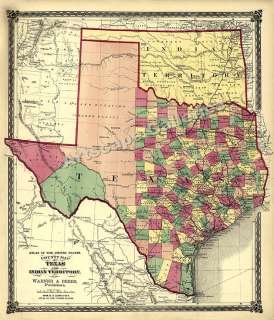 1875 Map of Texas Counties & the Indian Territory 24x28  