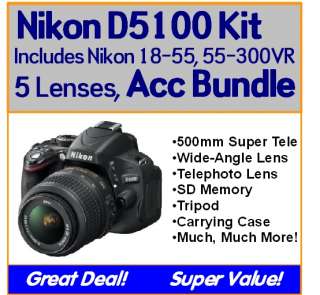 Nikon D5100 5 Lens Package Kit 18 55mm VR, 55 300mm VR, 500mm, 16GB 