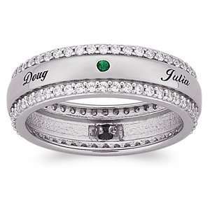 Sterling Silver Mothers Name & Birthstone Band with Cubic Zirconia CZ 