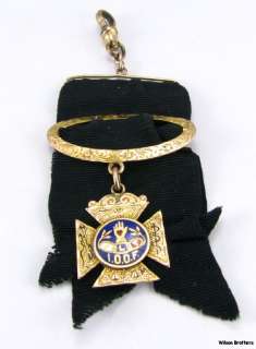 IOOF Odd Fellows   10k GOLD Victorian Ribbon & Medal FOB  