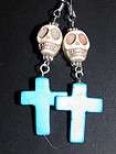 Day of the Dead Cross Skulls Earring Turquoise Silver W