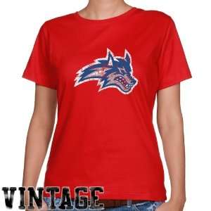 Stony Brook Seawolves Ladies Red Distressed Logo Vintage Classic Fit T 
