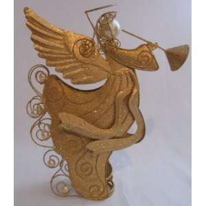 Glittery Gold Angel Tree Topper with Pearls Playing Trumpet 9 Tall