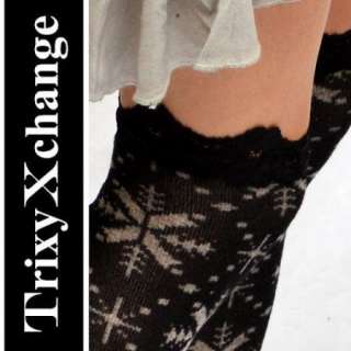 Over The Knee Socks OTK Leggings Black Grey Snowflake Lace Sweater 