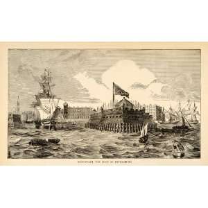  1880 Wood Engraving Kronstadt Port Petersburg Ships 