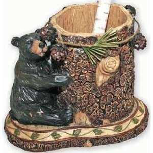  Black Bear & Pine Cones Pen Pencil Holder Cup (Carved Wood 