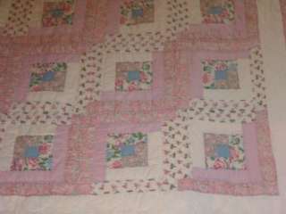 Vintage Hand Made Sewn Patchwork Piece Quilt Square Pattern 82x94 Pink 