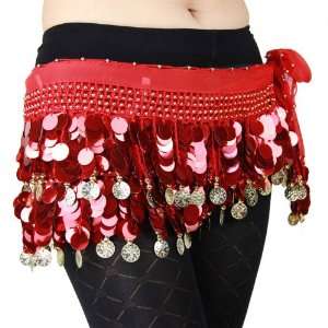   Paillettes Gold Coins Belly Dance Wrap & Hip Scarf, Lively Style  red