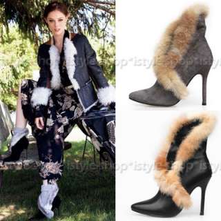 Designer Shoes Pointed Toe Fox Fur Cuff Ankle Boots  