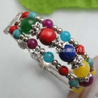   Metal Multicolor Stone Beads Cuff Three Row Bracelet Z064  
