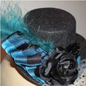  Black & Teal Rose Mini Top Hat Fascinor with Plaid Ribbon 