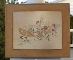 1904 CANOE PANSY EMBROIDERY FRAMED ART FLORAL RARE NICE  