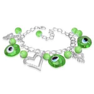 Green Evil Eye Glass Bead Ball Butterfly Open Love Heart Charm Chain 