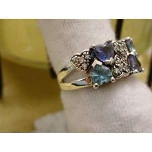   Ring 925 Ss Heart Shaped Blue and Purple Gemstones Sz 7.5 Made in USA