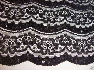 ANTIQUE FRENCH WIDE BLACK FLORAL NETTING LACE SCALLOPED  