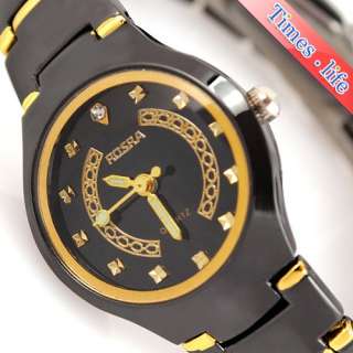 Women Lady Black Face Gold Crystal Quartz Watch Stainless Steel 
