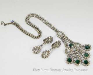  Emerald Green Clear Rhinestone Silvertone Necklace & Clip Earring Set