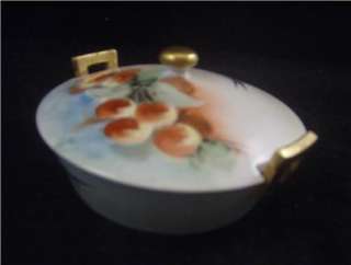 Old HAND PAINT Cherries & Blue Bird COVERED BUTTER DISH  
