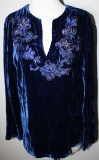 CHICOS Royal Blue Embroidered Velvet Boho LS Shirt Top 1  
