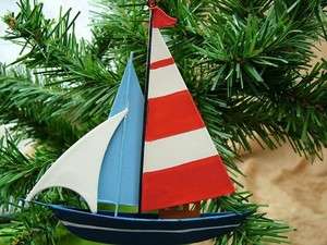 New Tin Blue Sail Boat Boating Christmas Tree Ornament  