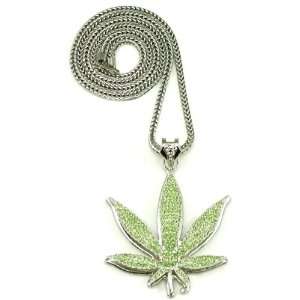   Weed Pot Leaf Iced Out Silver Color Pendant Necklace Large Jewelry