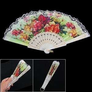  Lace Trim Colorful Flower Print Foldable Plastic Ribs Hand 