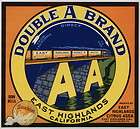 DOUBLE A Vintage East Highlands Orange Crate Label  