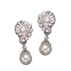  C.Z. AND PEARL CLIP POST RHODIUM PLATED (.925) STERLING 