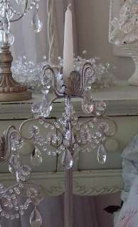 Shabby CANDLE HOLDER FRENCH BEADED CRYSTAL PRISMS PEWTER ANTIQUED 