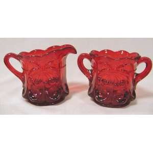  Ruby Red Glass Cherry & Cable Pattern Creamer & Sugar Set 