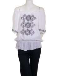   Embroidered Elastic Scoop Neck Smocked Waist Peasant Blouse White