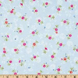  45 Wide Pink Ribbons of Hope Posies Sky Blue Fabric By 