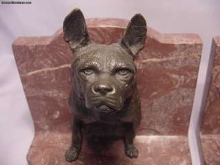 Pair Art Deco Bronze & Marble French Bulldog Bookends  