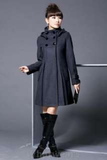 Womens Double Breasted Wool Winter Trench Coat Grey C44  