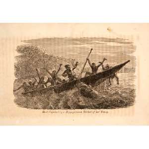 1860 Wood Engraving South Africa Boat Capsized Hippopotamus Canoe Sea 