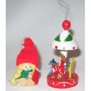   Wooden Christmas Tree Ornaments Carousel & Doll 