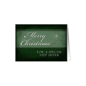 Step Sister Merry Christmas, Green Background with Christmas Tree Card