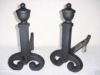   HEAVY VICTORIAN MISSION URN SHAPED SCROLL CAST IRON ANDIRONS FIRE DOGS