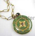 CATHERINE POPESCO GREEN CLOISONNE MEDALLION LONG GOLD NECKLACE WEAR 2 