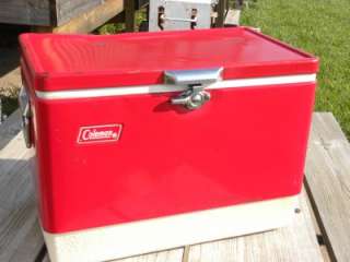 Vintage small Coleman Red Metal Steel Ice Chest Cooler 18 1/2X11 3/4 