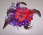   RED & PURPLE FLOWER & FEATHER CORSAGE FOR RED HAT LADIES OF SOCIETY