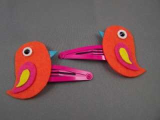 Orange Sparrow bird felt snap barrette hair clip set 2  
