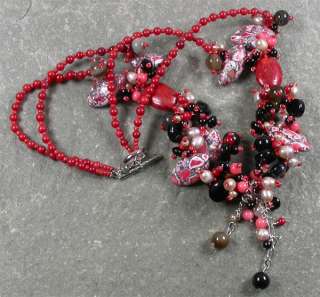 RED TURQUOISE & CORAL & BLACK AGATE & PEARLS NECKLACE  