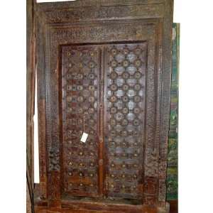  Brass Cladded Door Rustic Carved India Floral Teak Frame 