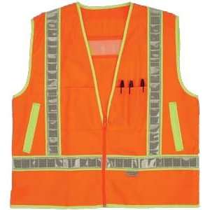   Vest, ANSI Class 2, Color Orange, Green Trim, Zipper Closure, Size 3XL
