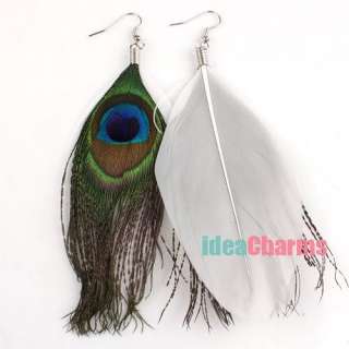 Pairs Elegant Womens Jewelry White Peacock Feather Dangle Hook 