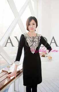 Elegant Plus size Women Black Crochet Collar Scoopneck Long Sleeve 